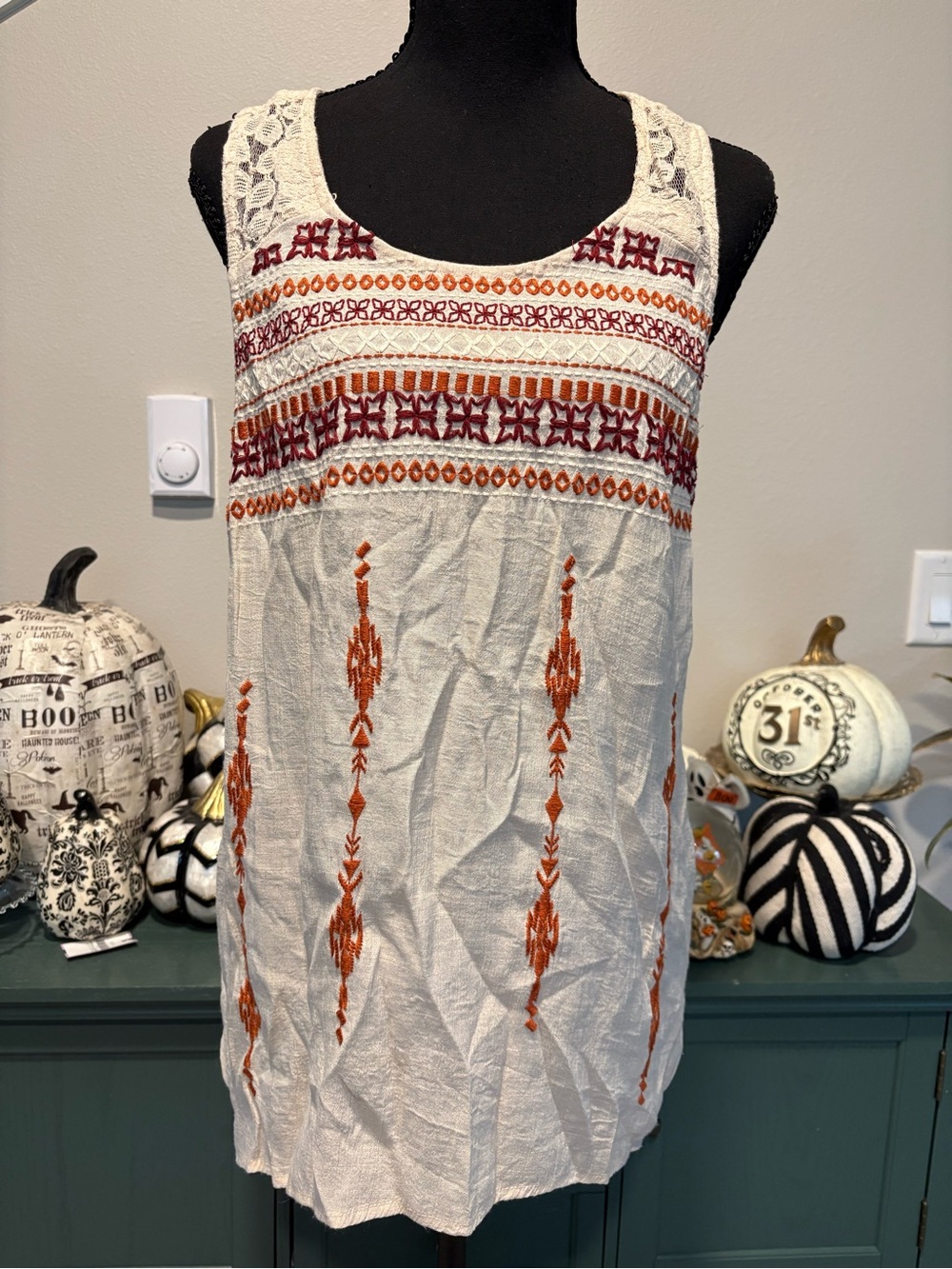 Embroidered Ivory Tank Top with Rust Accents